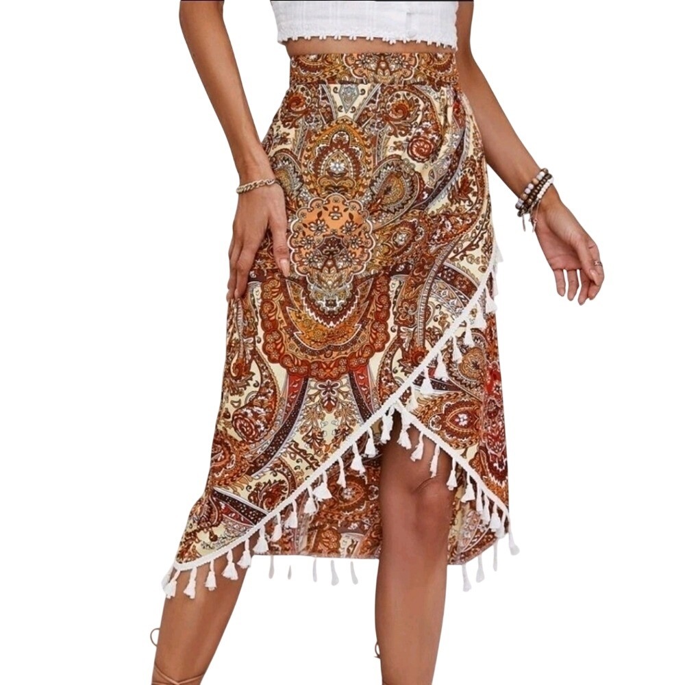 VCAY Paisley Print Tassel Trim Wrap Hem Skirt for women size xs